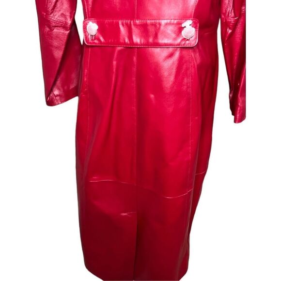 NWT Terry Lewis Classic Luxuries red leather long coat with faux fur hood - size - Picture 7 of 13